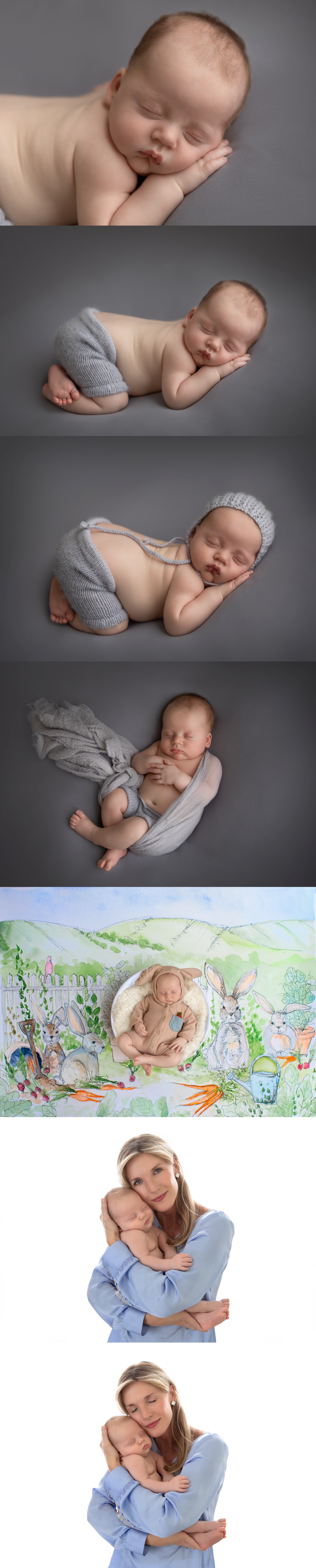 baby studio photography session at 2 month of age with soft gray props