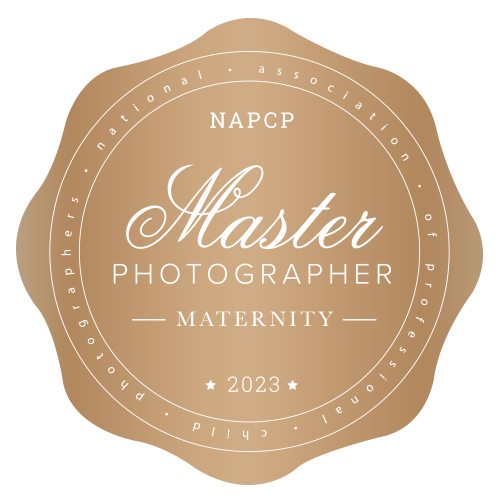 Featured Award Badge, A gold Seal reads "NAPCP Master Photographer  [for] Maternity 2023"