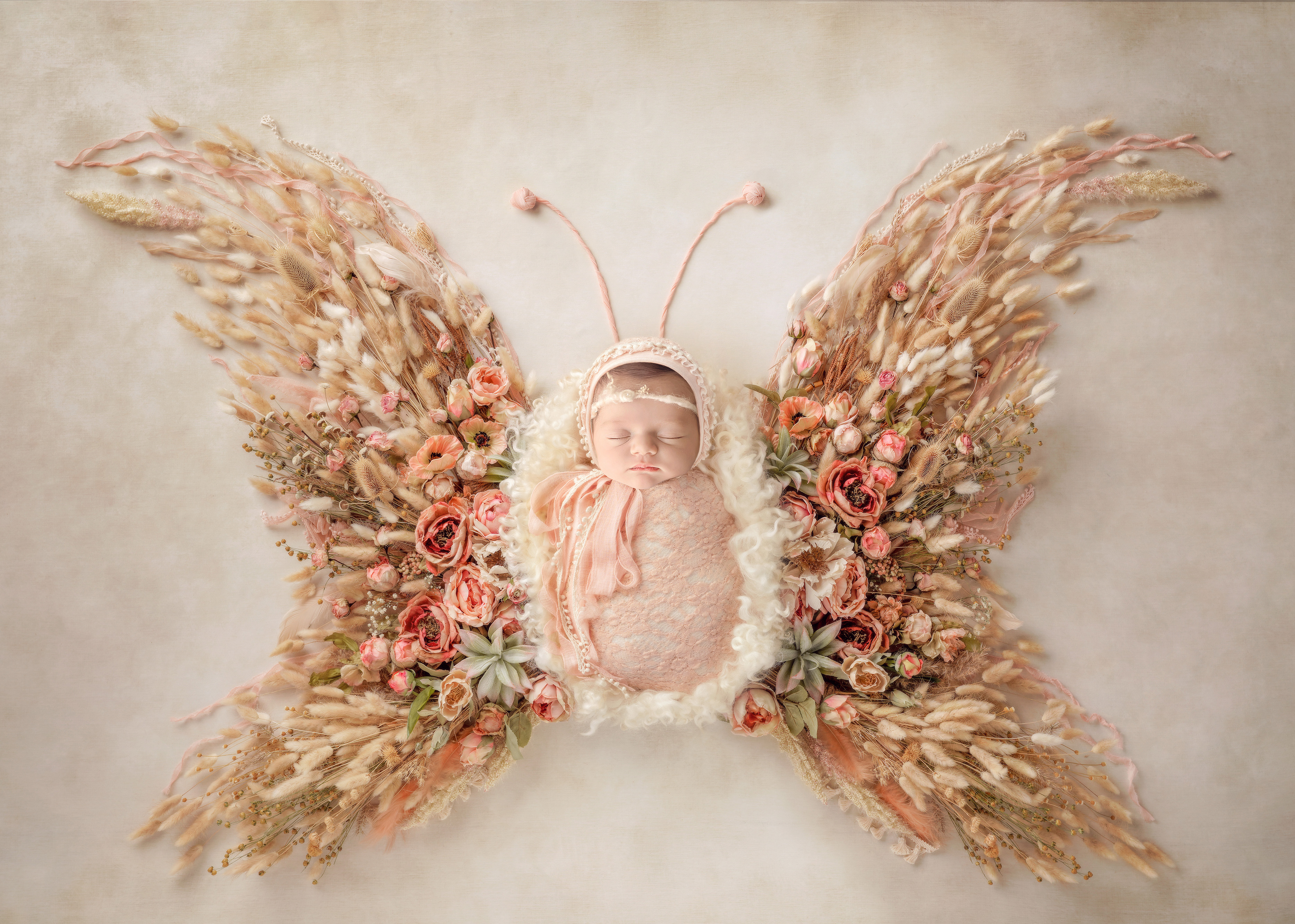 Newborn Photographer, a baby sleeps posed in a flower arrangement that makes up a beautiful butterfly