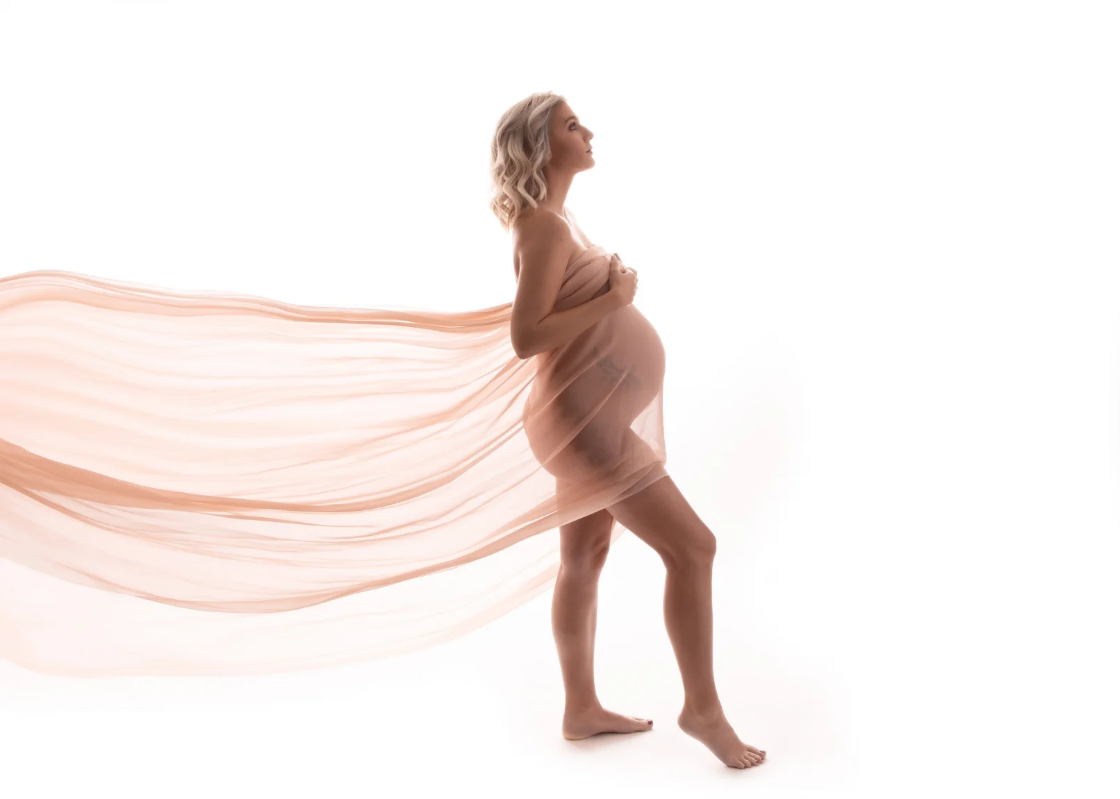 Maternity Photographer, a pregnant woman in the photography studio stands with tule wrapped around her